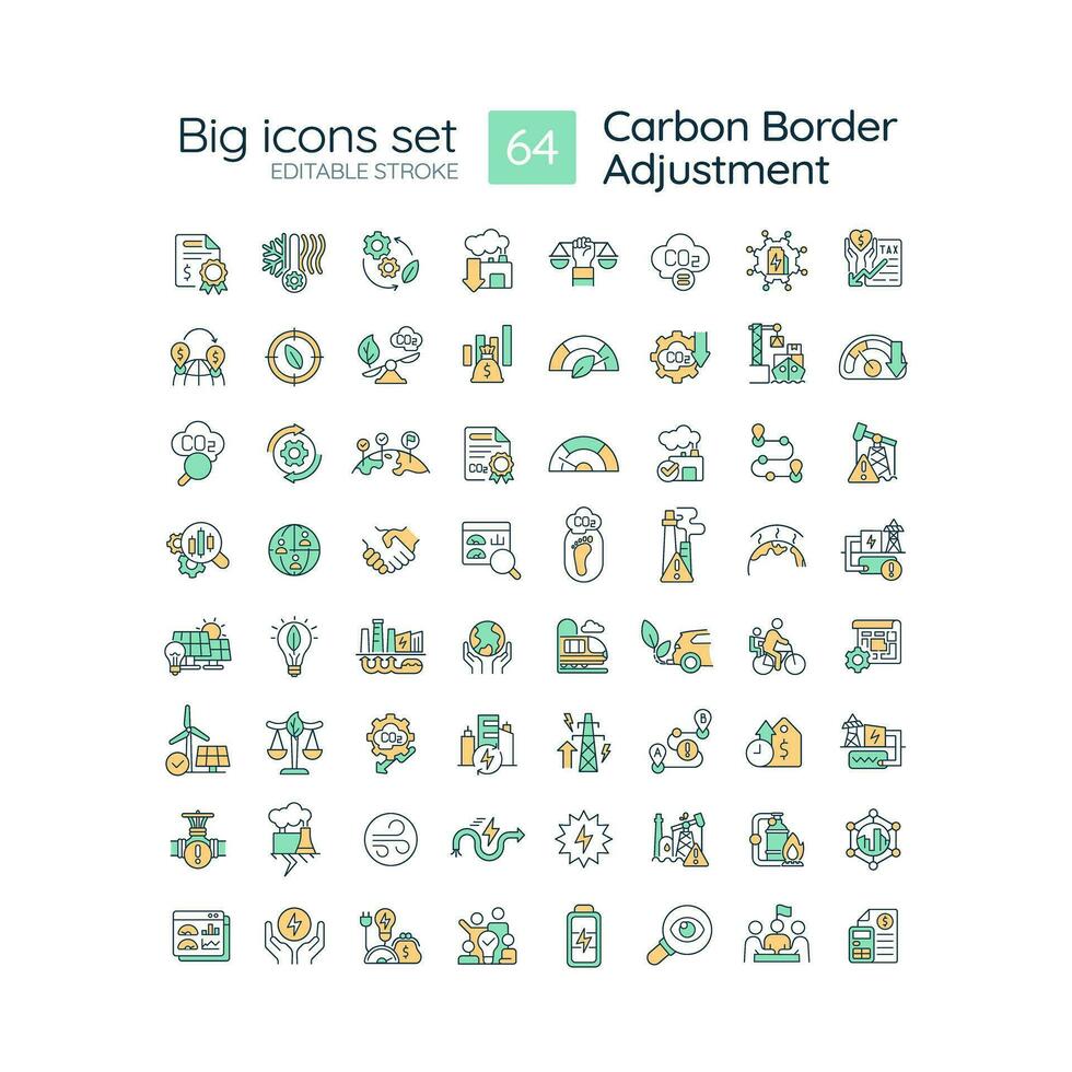 Editable big icons set representing carbon border adjustment, isolated vector, linear illustration. vector