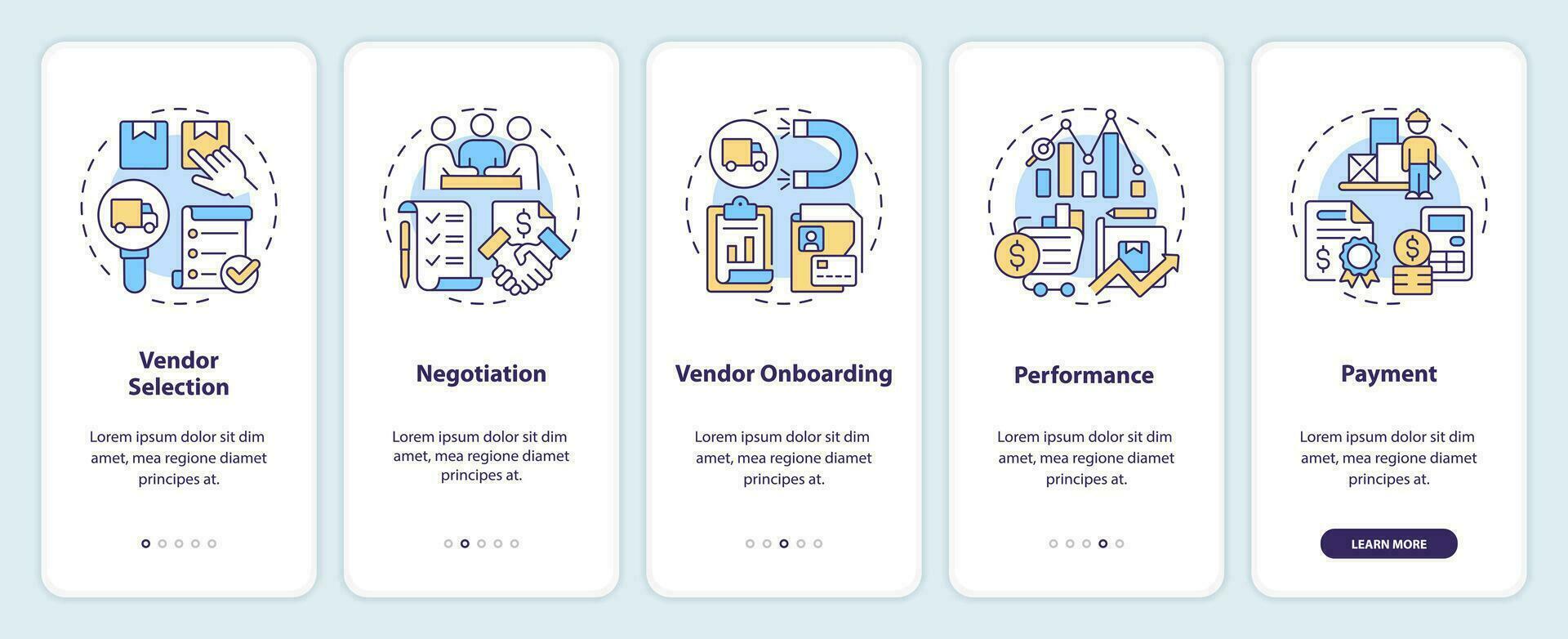 2D icons representing vendor management mobile app screen set. Walkthrough 5 steps multicolor graphic instructions with linear icons concept, UI, UX, GUI template. vector