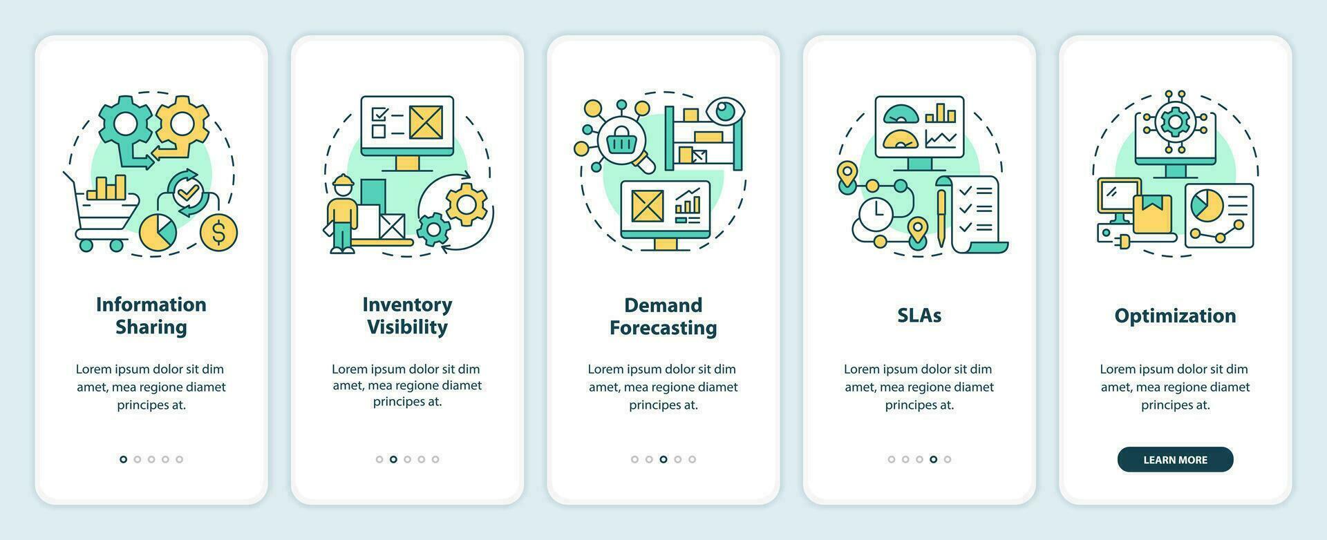 2D icons representing vendor management mobile app screen set. Walkthrough 5 steps colorful graphic instructions with line icons concept, UI, UX, GUI template. vector