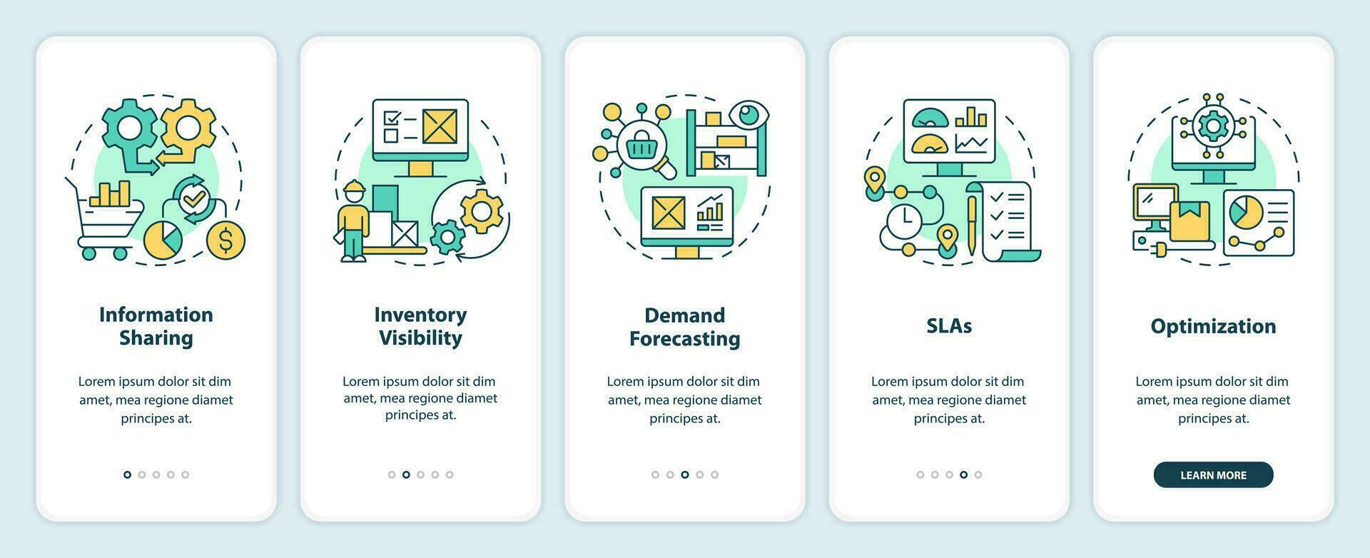 2d íconos representando vendedor administración móvil aplicación pantalla colocar. recorrido 5 5 pasos vistoso gráfico instrucciones con línea íconos concepto, ui, ux, gui modelo. vector