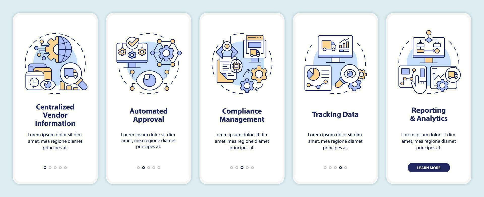 2D icons representing vendor management mobile app screen set. Walkthrough 5 steps multicolor graphic instructions with thin line icons concept, UI, UX, GUI template. vector