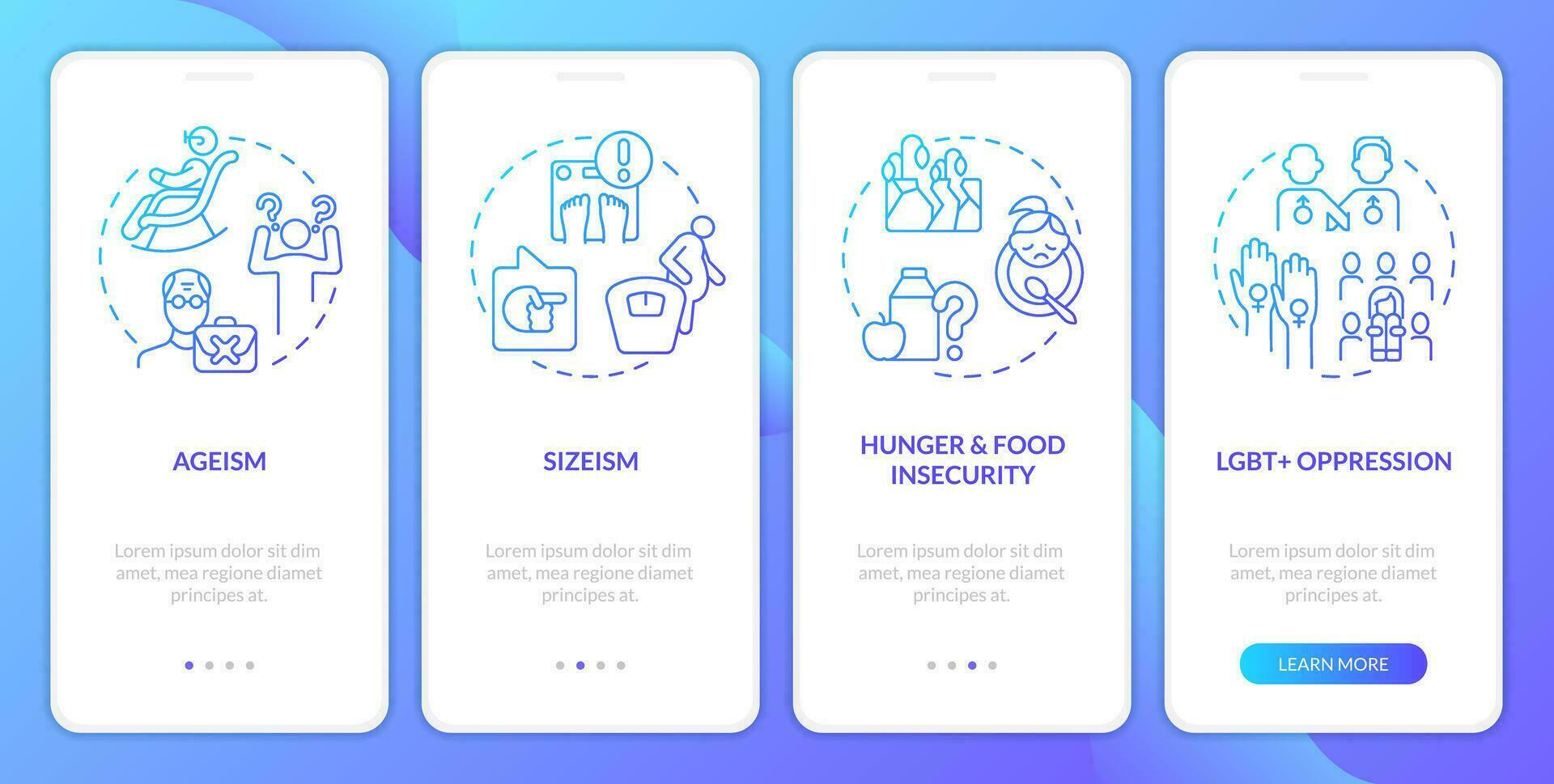 Social injustice examples blue gradient onboarding mobile app screen. Walkthrough 4 steps graphic instructions with linear concepts. UI, UX, GUI template vector