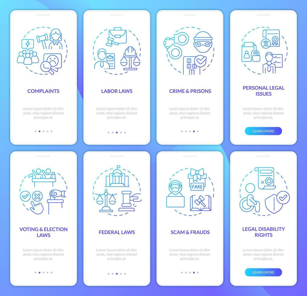 Legal cases blue gradient onboarding mobile app screen set. Laws, regulations walkthrough 4 steps graphic instructions with linear concepts. UI, UX, GUI template vector