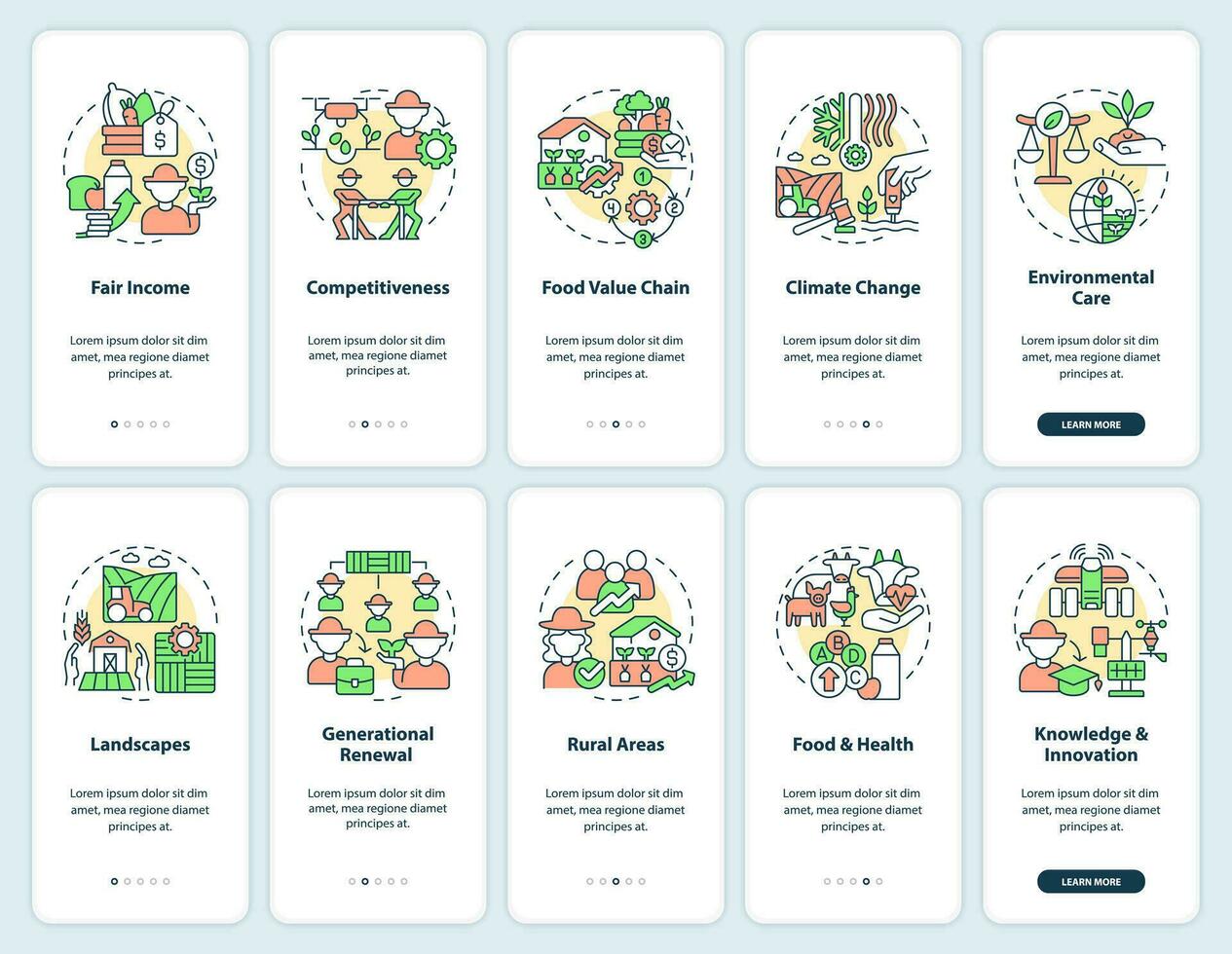 Agriculture policy objectives types onboarding mobile app screens set. Walkthrough 5 steps editable graphic instructions with linear concepts. UI, UX, GUI template vector
