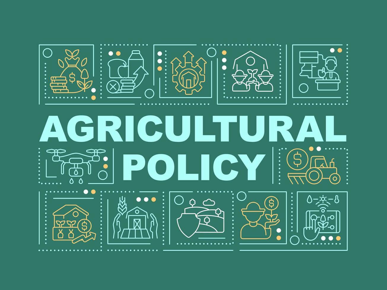 Agricultural policy word concepts dark green banner. Framing business. Infographics with editable icons on color background. Isolated typography. Vector illustration with text