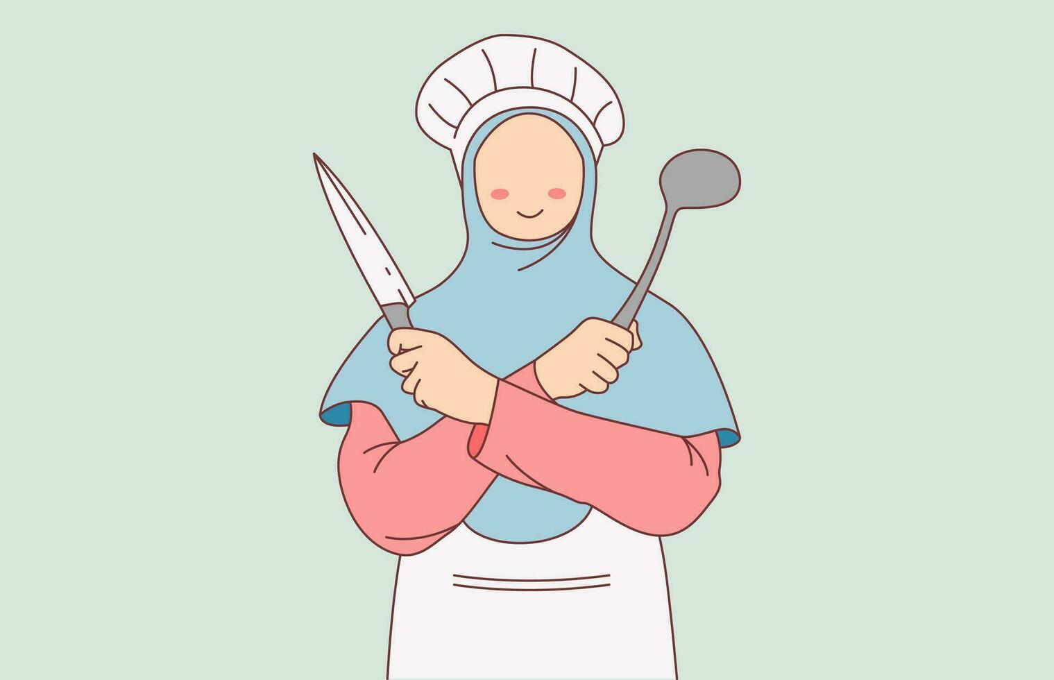 chef wearing hijab holding knife and ladle illustration vector