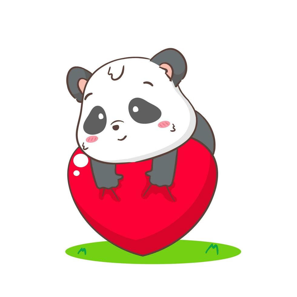 Cute panda with big love heart. Adorable kawaii animal concept design. Flat cartoon character. Isolated white background. Vector Art illustration