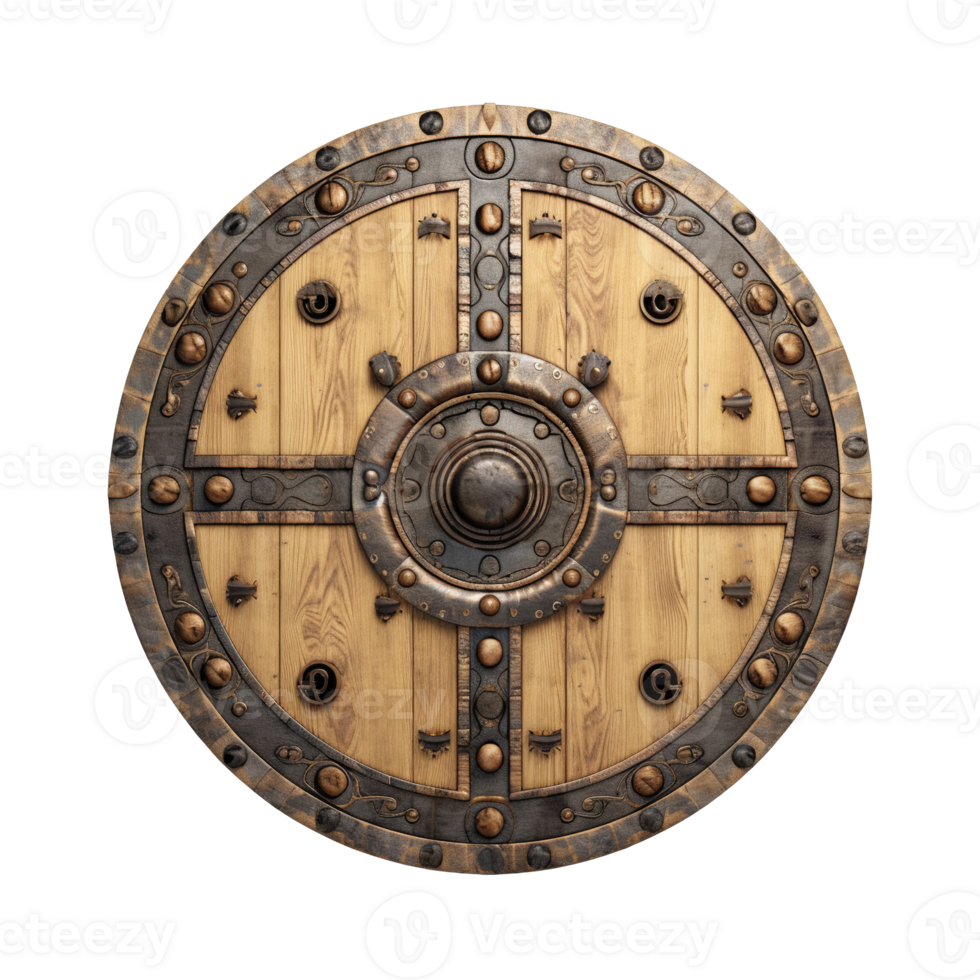 Generative AI, PNG old wooden viking shield, protective sign from mediaeval times