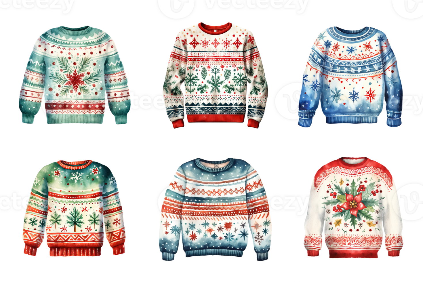 Generative AI, PNG Set of Christmas ugly sweater, watercolor style