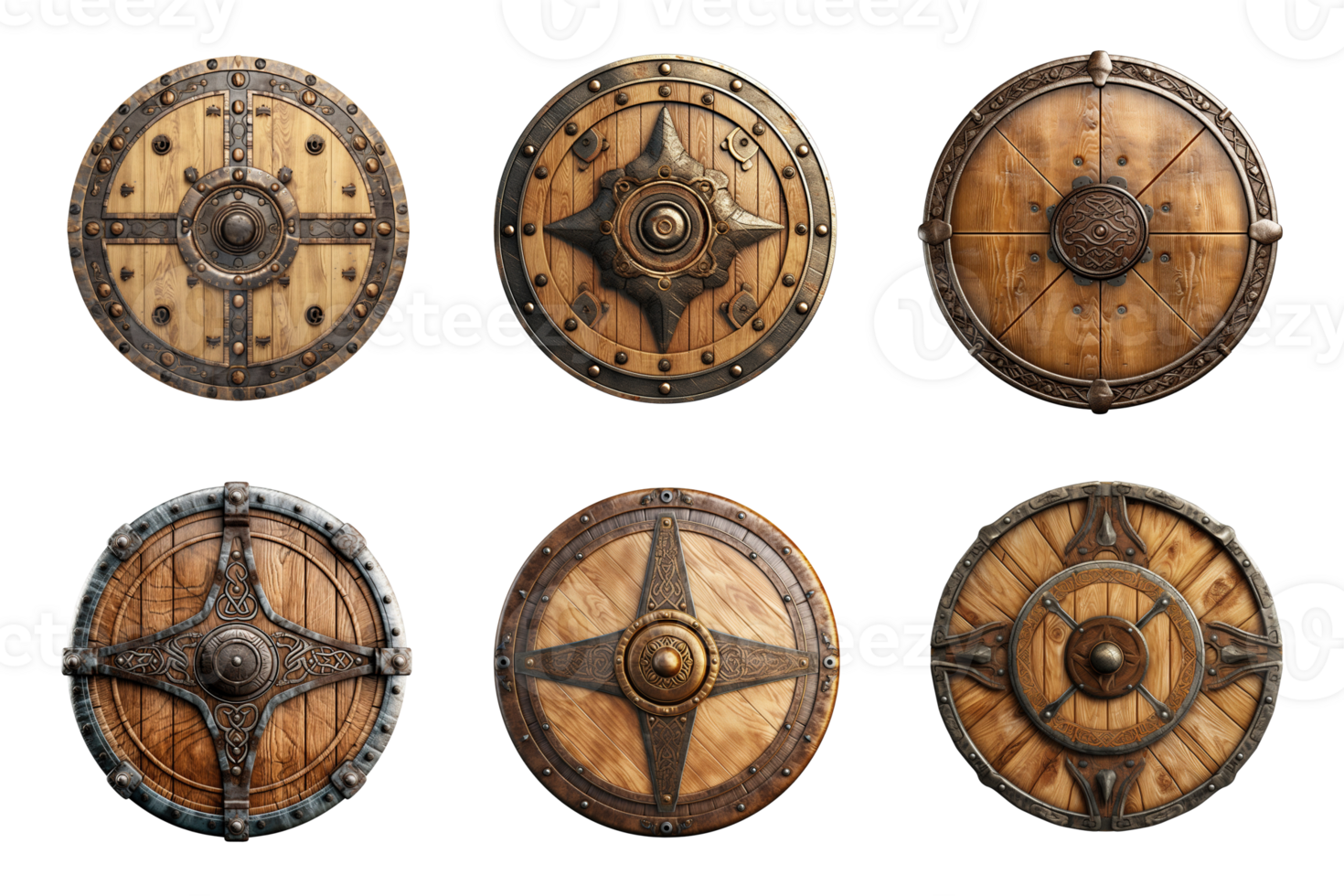 Generative AI, PNG set of old wooden viking shield, protective sign from mediaeval times