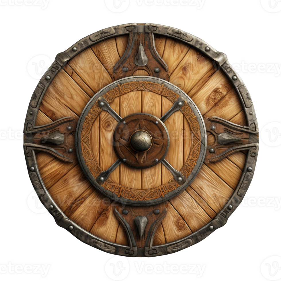 Generative AI, PNG old wooden viking shield, protective sign from mediaeval times