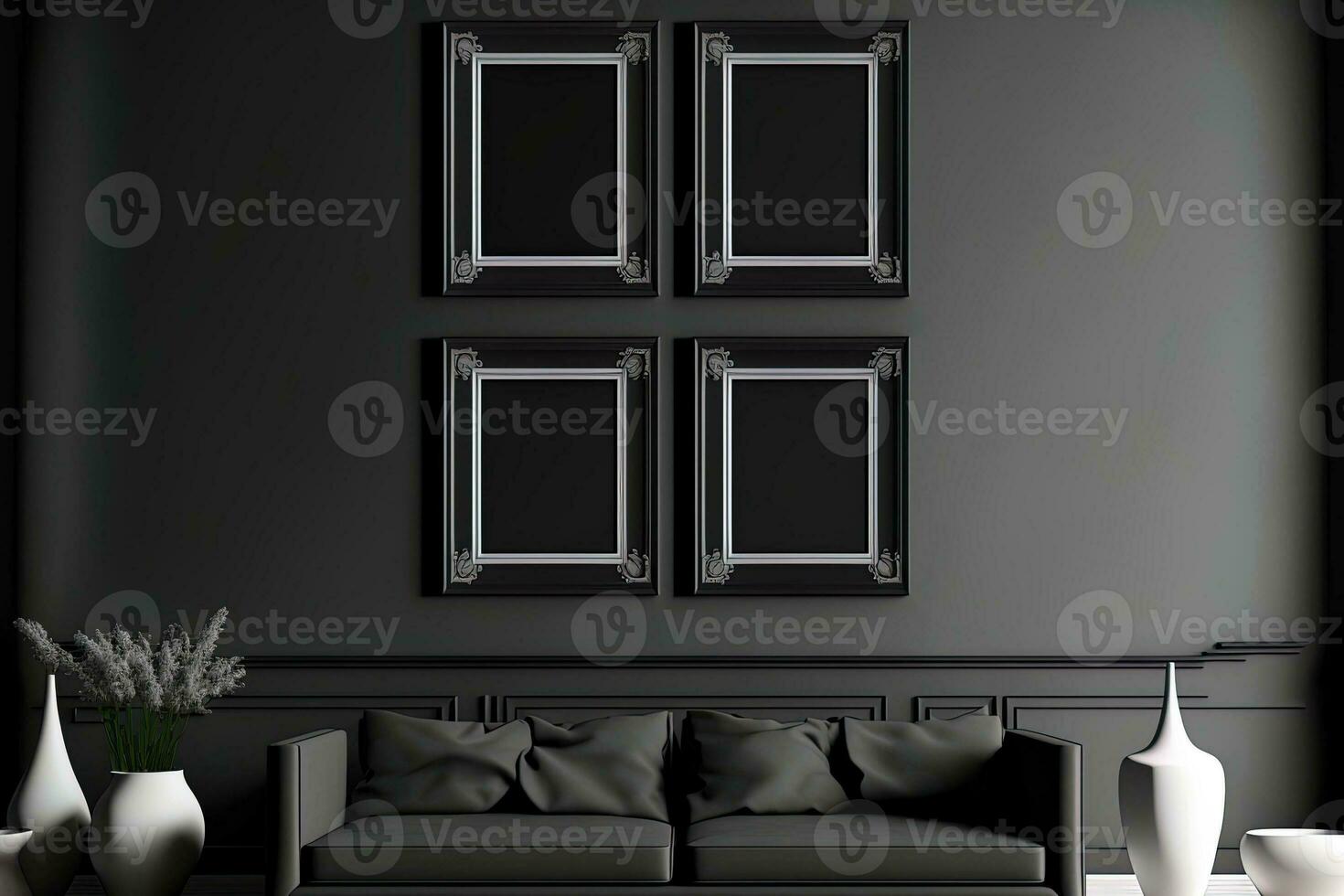 4 4 marcos en el muro, un soltero color monocromo Bosquejo escena de un interior habitación en brillante plata y negro con No mueble en él. generativo ai foto