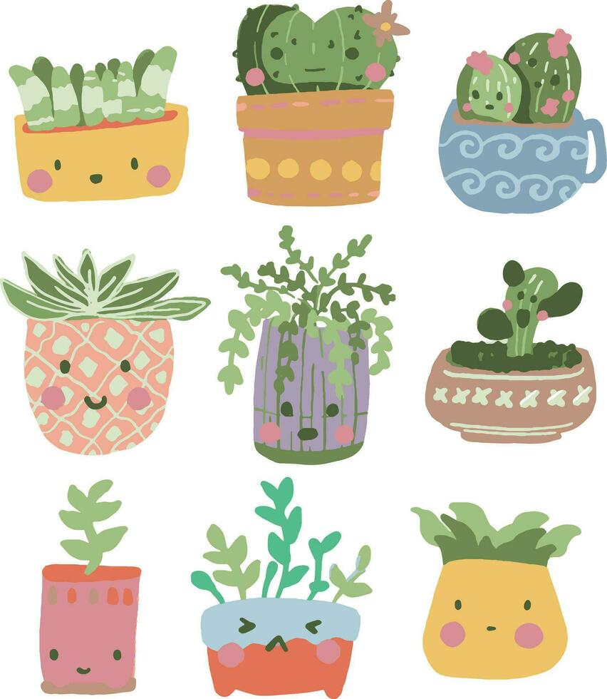 hand drawn cute cactus set vector