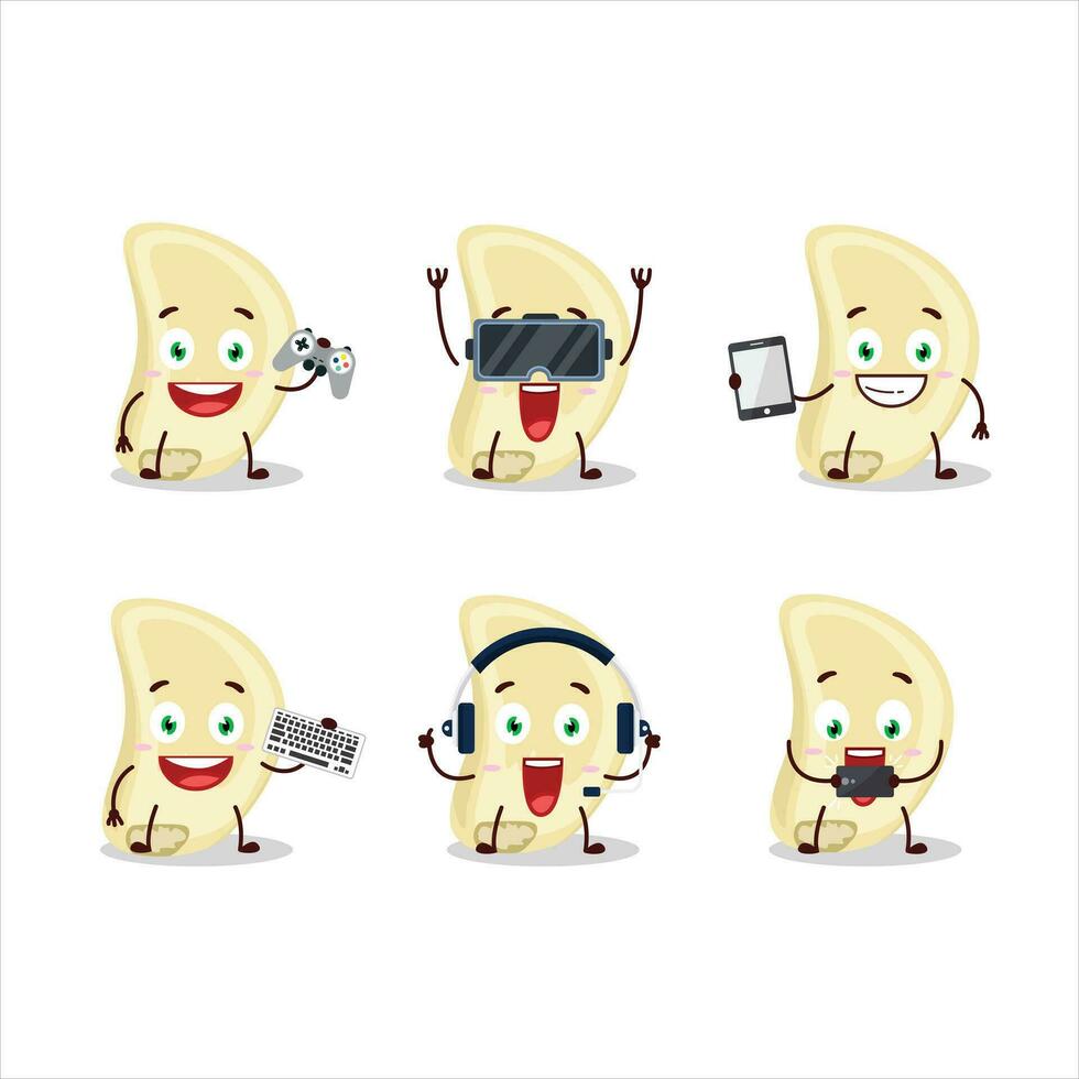 Slice of garlic cartoon character are playing games with various cute emoticons vector