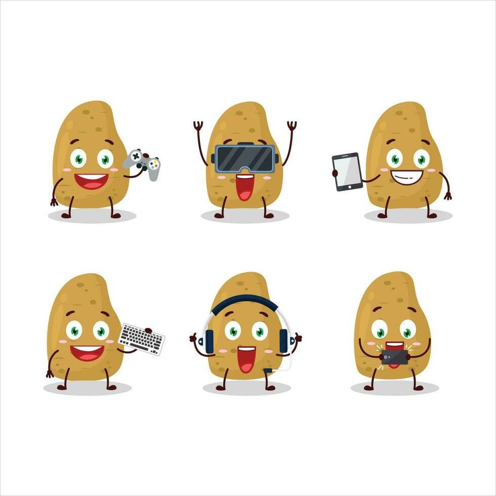 Potatoe cartoon character are playing games with various cute emoticons vector