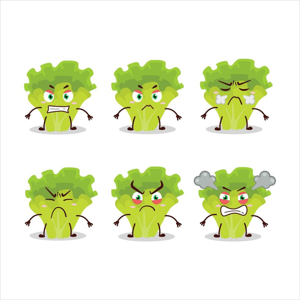 lechuga dibujos animados personaje con varios enojado expresiones vector