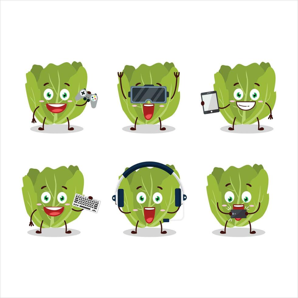 Romain letuce cartoon character are playing games with various cute emoticons vector