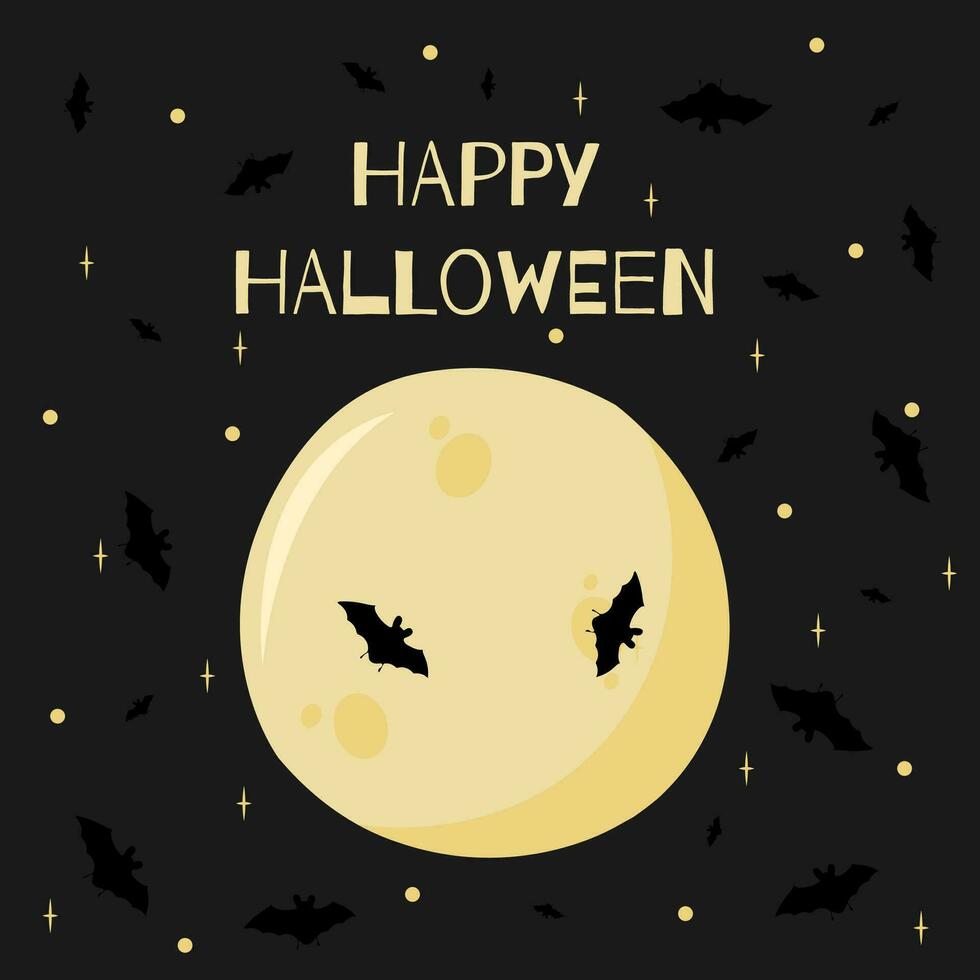 The vector illustration of Happy Halloween can be used as a banner or a greeting card. The moon and bats with stars against a dark background.