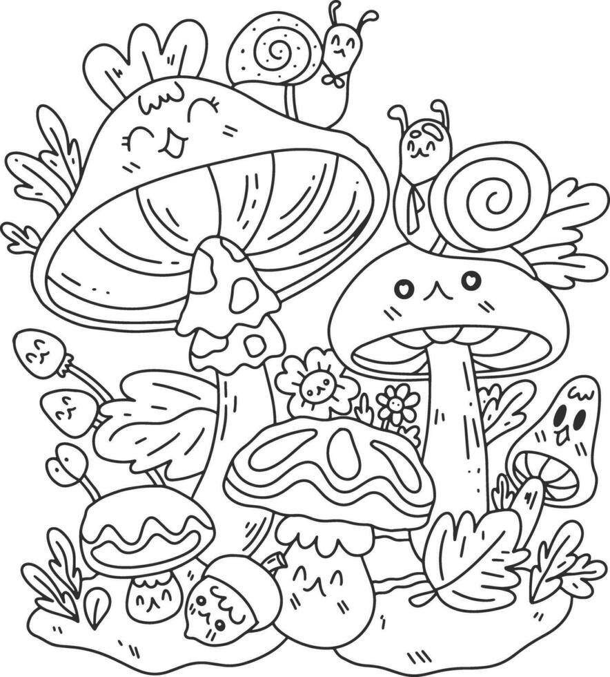 hand drawn kawaii coloring page of forest mushroom vector