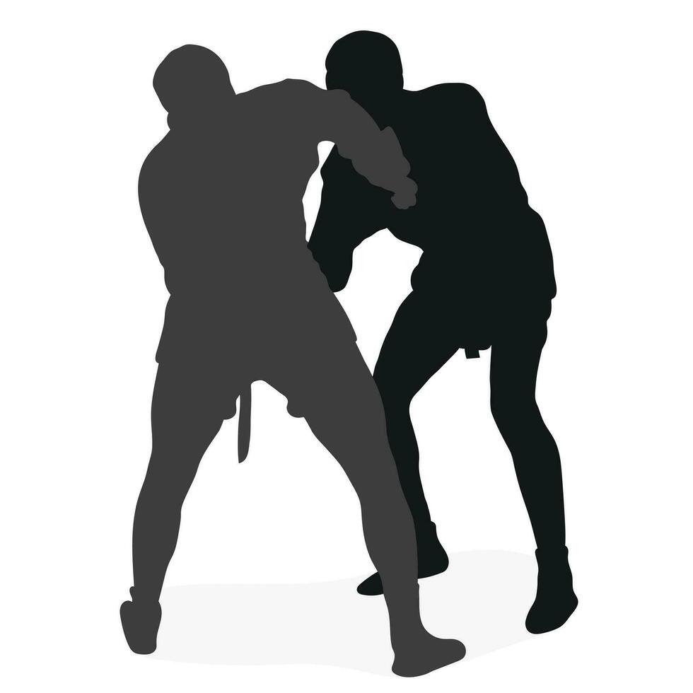 Image of silhouettes sambo athletes in sambo wrestling, combat sambo, duel, fight, fistfight, struggle, tussle, brawl, jiu jitsu. Martial art, sportsmanship vector