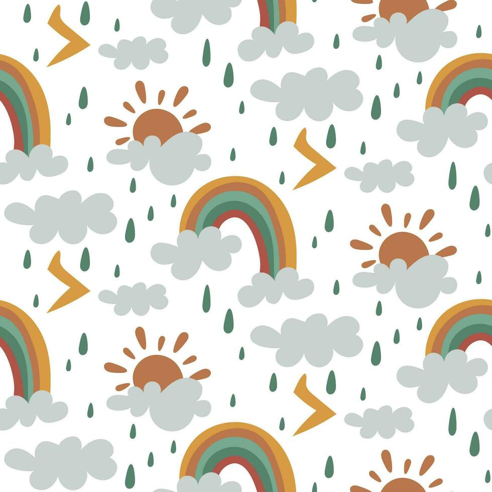 A pattern of clouds, sun, rainbows, thunderstorms with rain on a white background. Rainbow seamless pattern, cartoon vector illustration. Children's texture for printing on fabric and paper. packaging