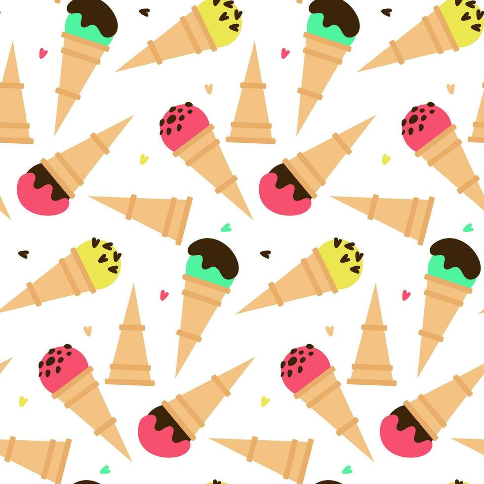 Pattern waffle cones with colored ice cream and various flavors and sprinkles. Multi-colored ice cream on a white background with decorative elements. Cartoon vector illustration on a white background