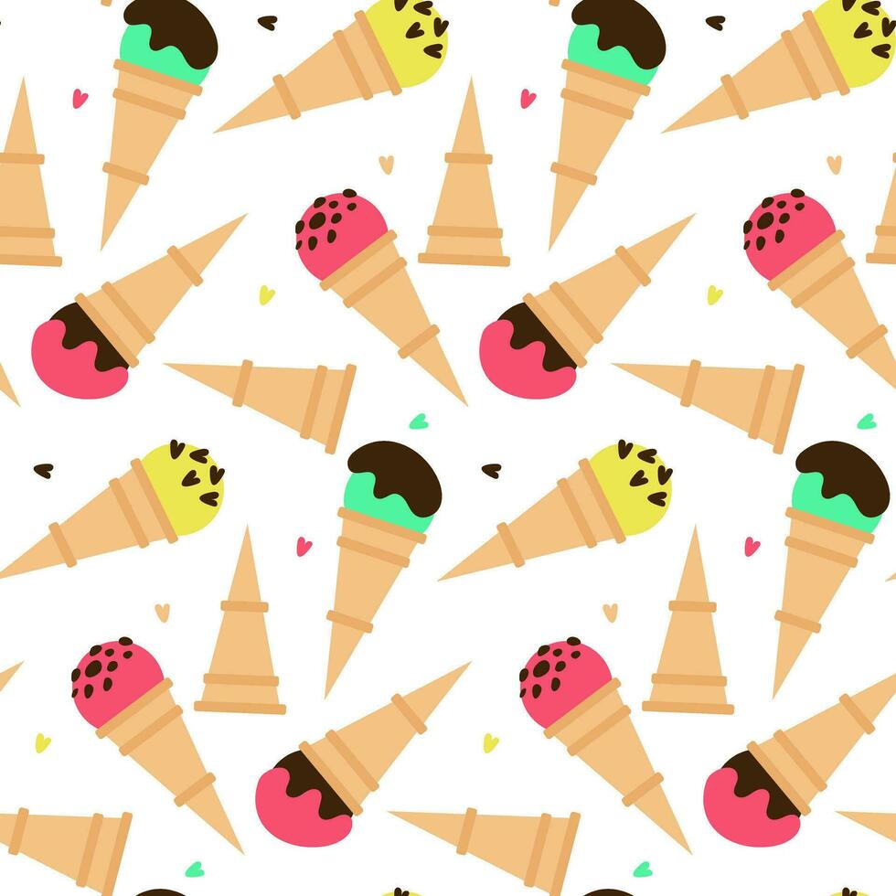 Pattern waffle cones with colored ice cream and various flavors and sprinkles. Multi-colored ice cream on a white background with decorative elements. Cartoon vector illustration on a white background