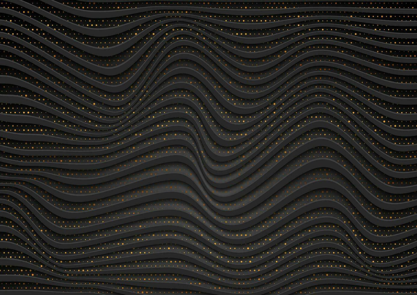 Black refracted waves and golden dots abstract background vector