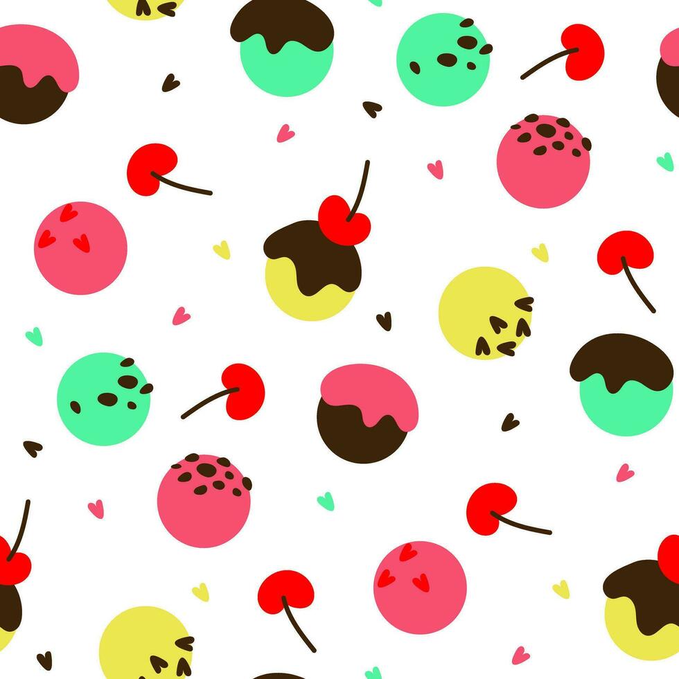 Pattern balls of colored ice cream and different flavors and sprinkles. Multi-colored ice cream on a white background with decorative elements. Cartoon vector illustration on a white background