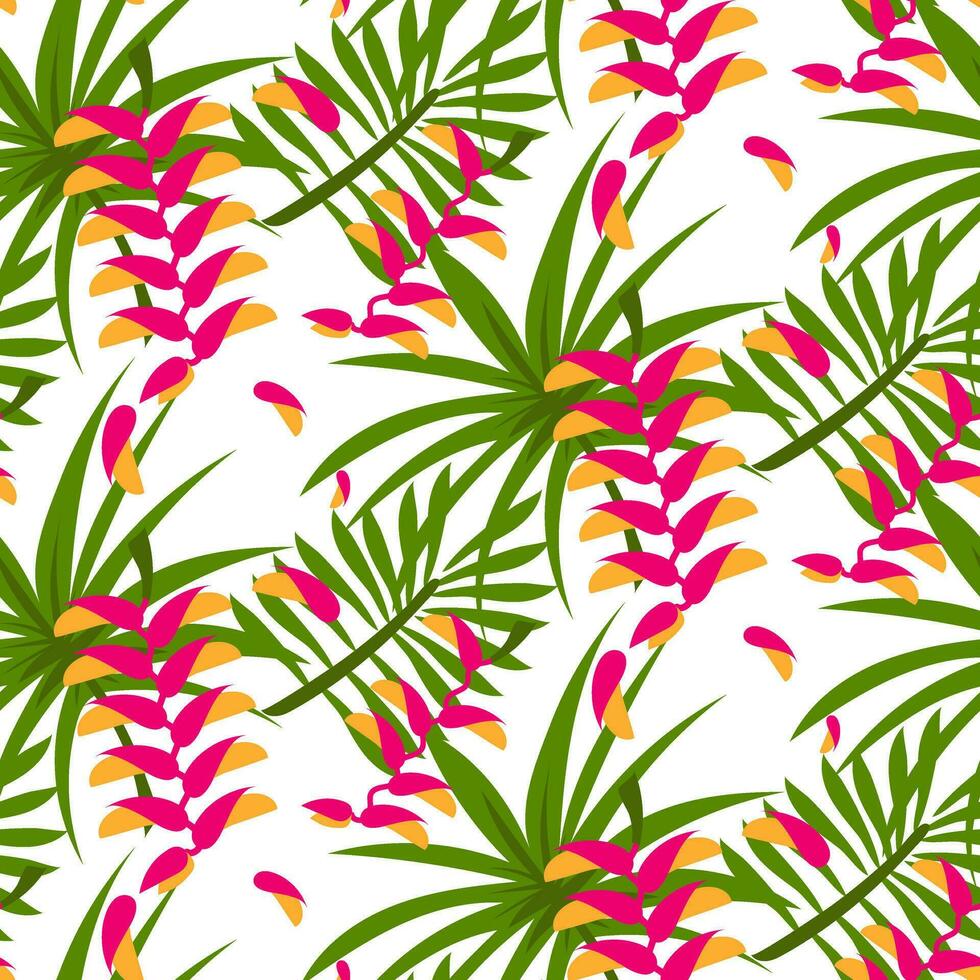 A pattern of pink-yellow heliconia and tropical leaves on a white background. Botanical vector illustration for printing on textiles and paper. Floral Gift Wrapping for Tropical Parties