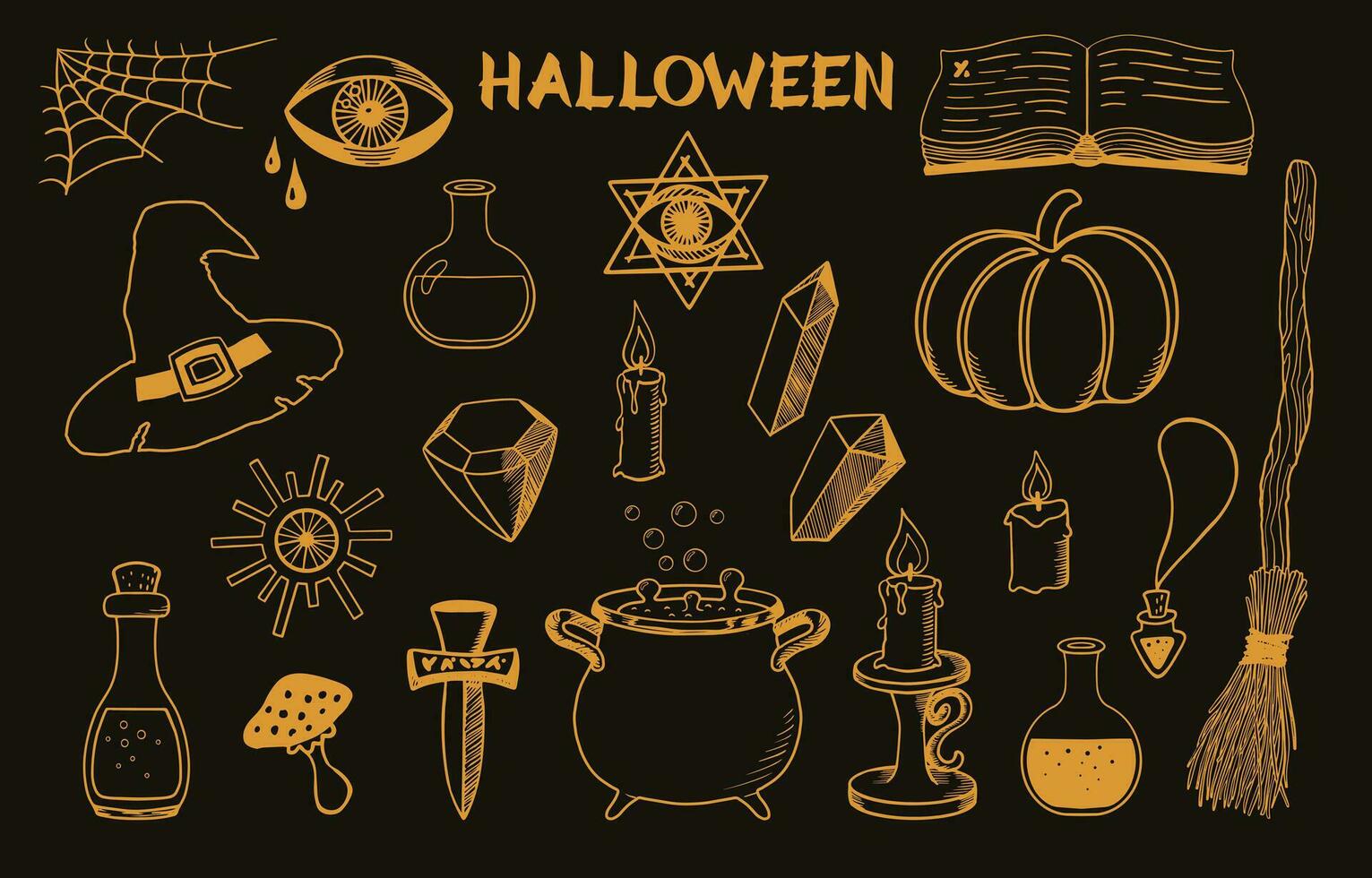 Halloween design elements set. Magical hand drawn symbols. Witch cauldron, hat, broom, candles and other objects for Halloween. Sketch style. Vector illustration