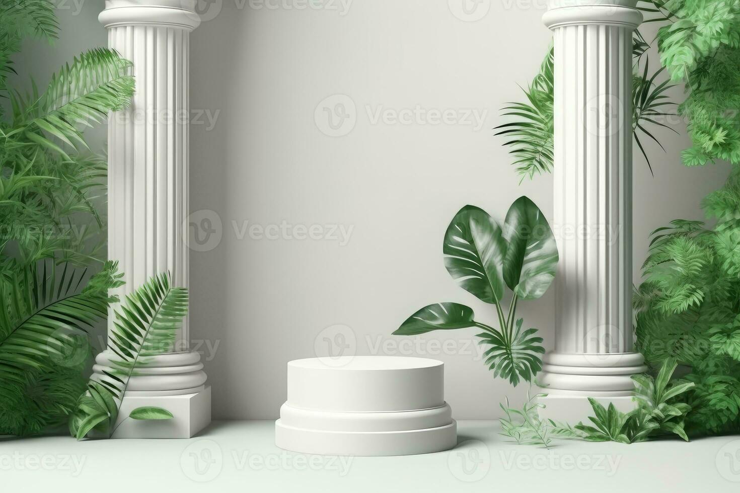 A white round podium with a plant in it and a white vase with a green plant in it photo
