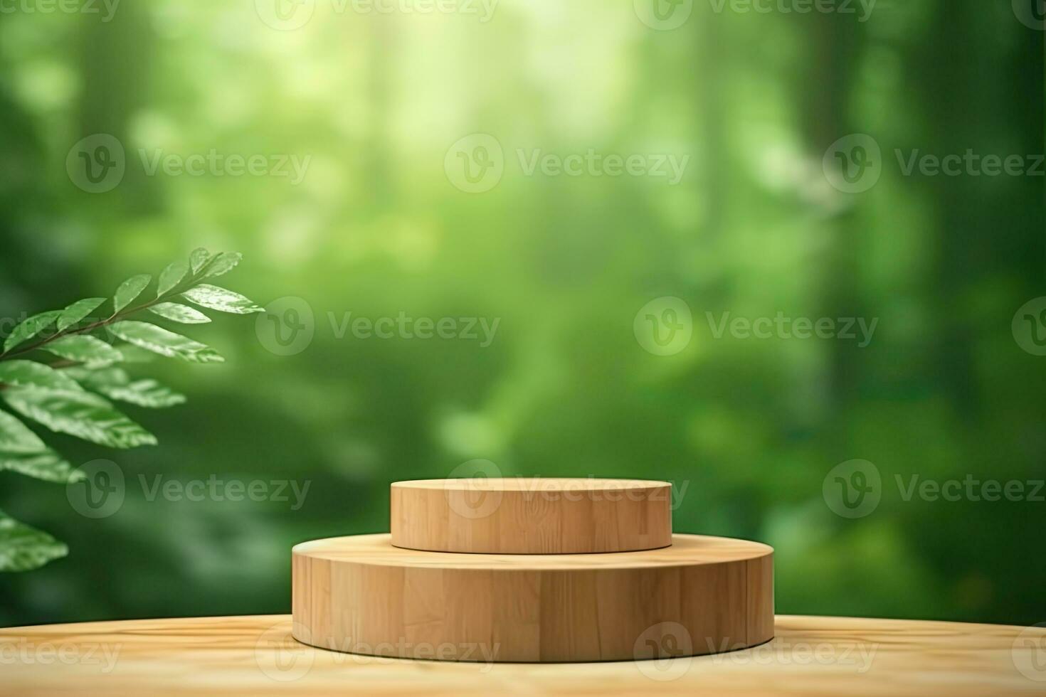 Wooden product display podium with blurred nature leaves on green background 3d rendering photo