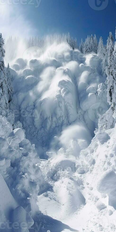 A waterfall in the snow with snow on the bottom photo