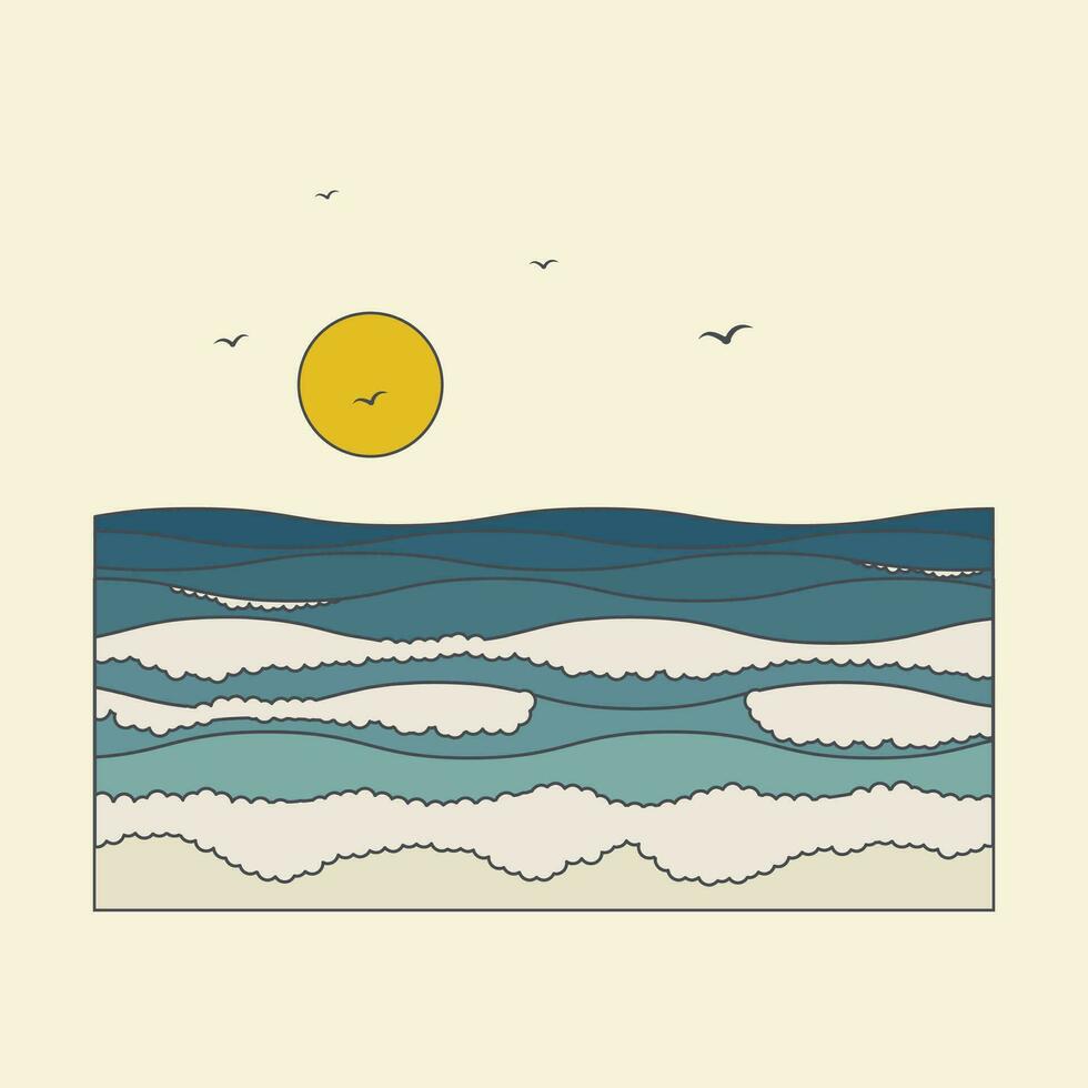 playa Mañana paisaje con volador aves tarjeta ilustración vector