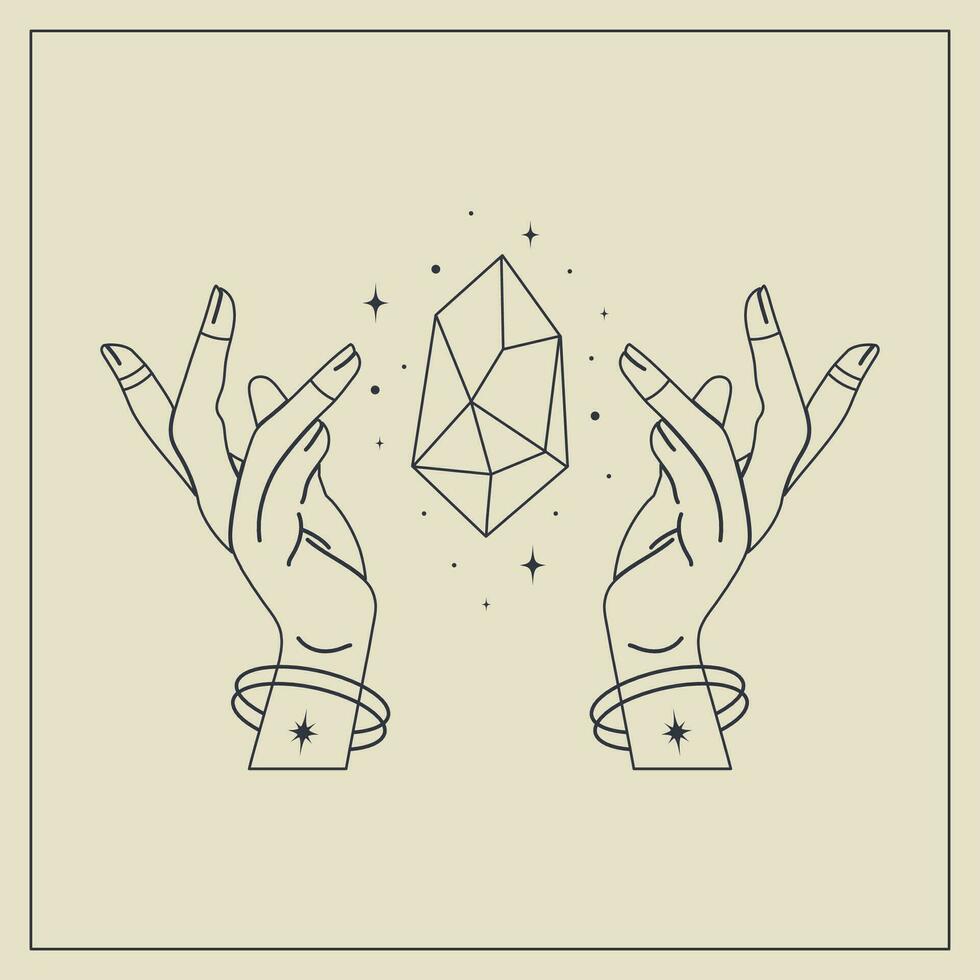 Magic hands with healing crystal alchemy elements. Halloween symbol vector