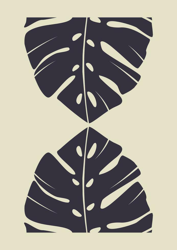 Botanical minimalist black monstera leaf printable wall art. vector