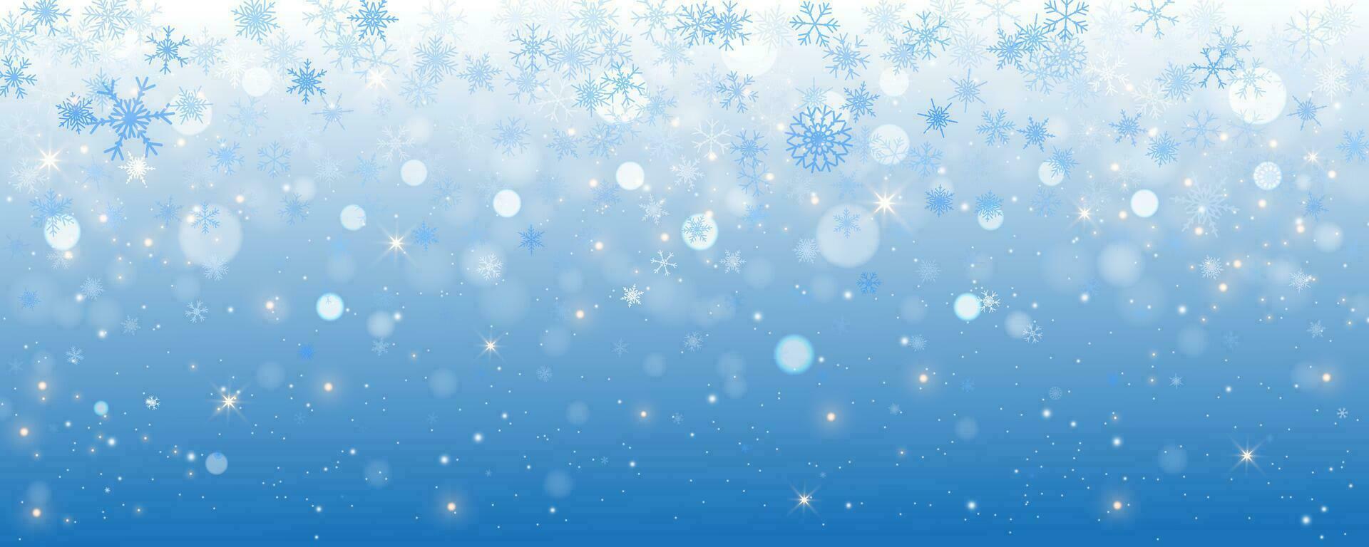 Winter snowflakes background. Icy cold snowfall on light blue backdrop. Magic Christmas sky with crystal stars and bokeh. Vector abstract wallpaper