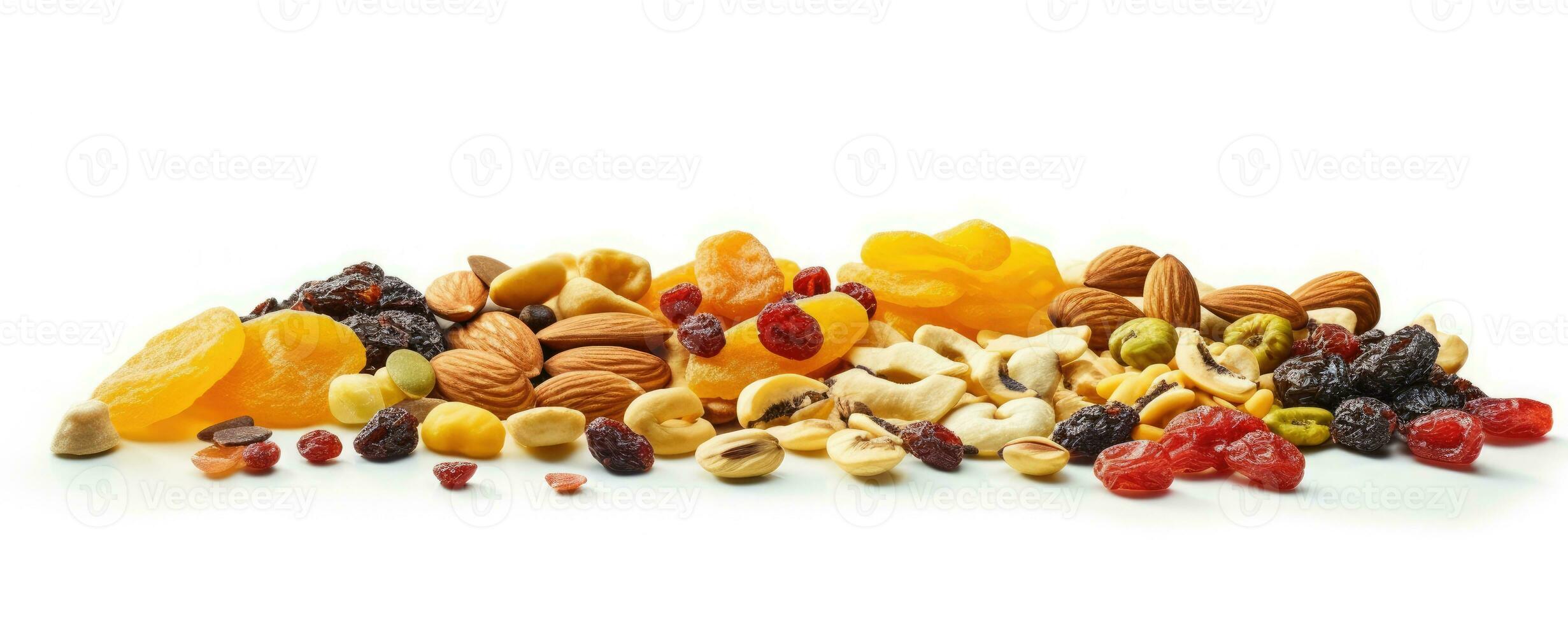 Footer of mix dry fruit on white background, AI Generated photo