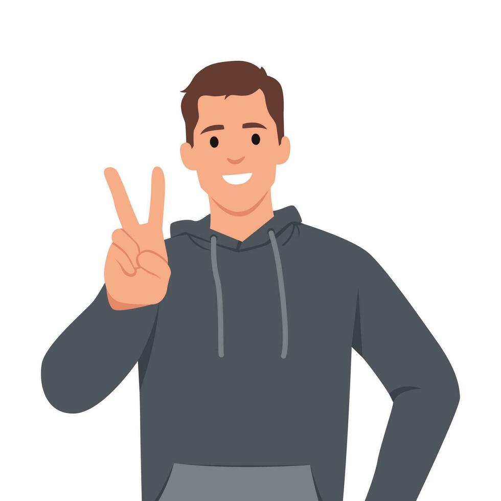 A young man who smiles and is pleased to do the V sign. vector