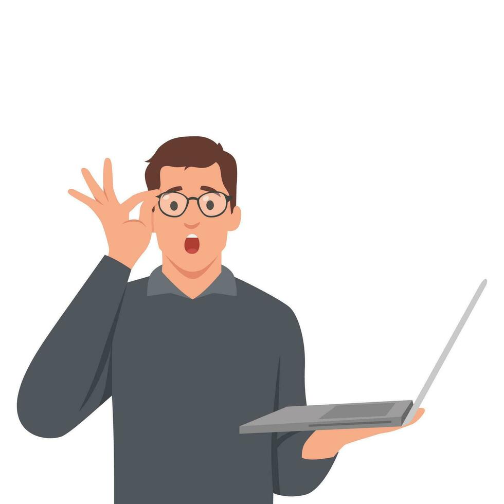 Shocked young business man holding laptop and covering mouth with hand. Trendy Person using or working computer. vector