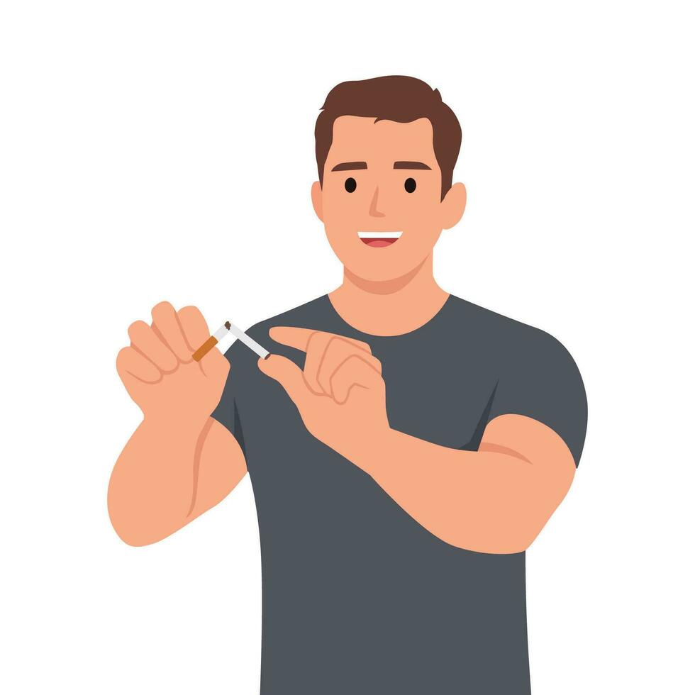 Stop smoking concept. Hands or man smoker holding and cutting cigarette to prevent smoking. vector