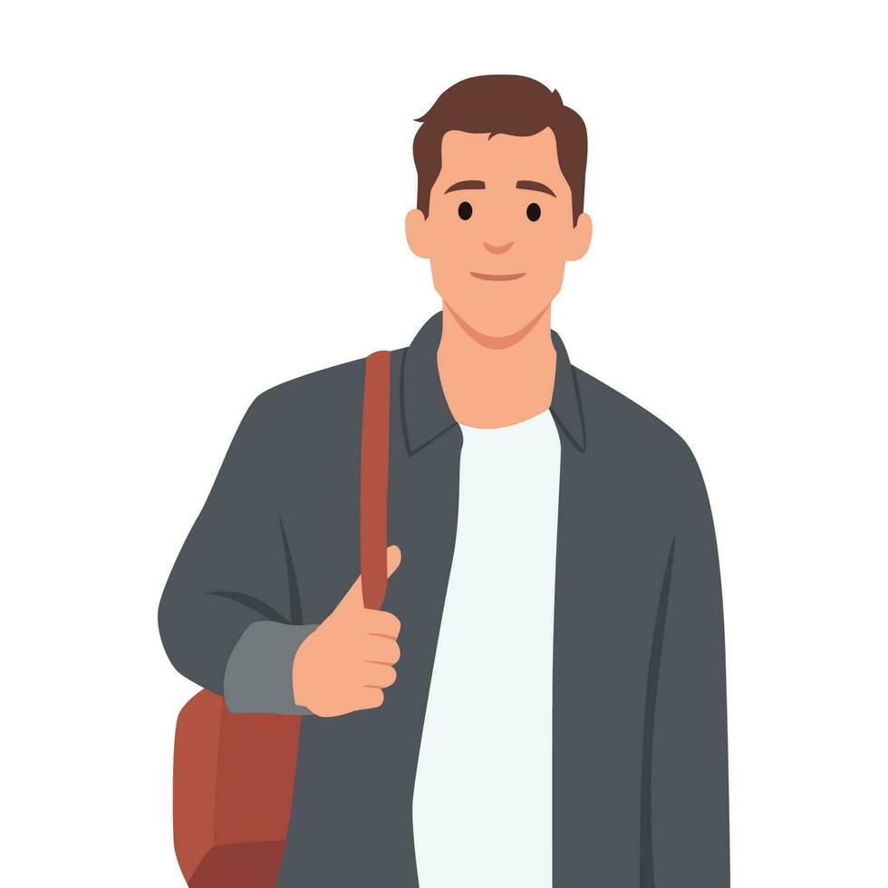Young man standing holding bag and ready to go to work. vector