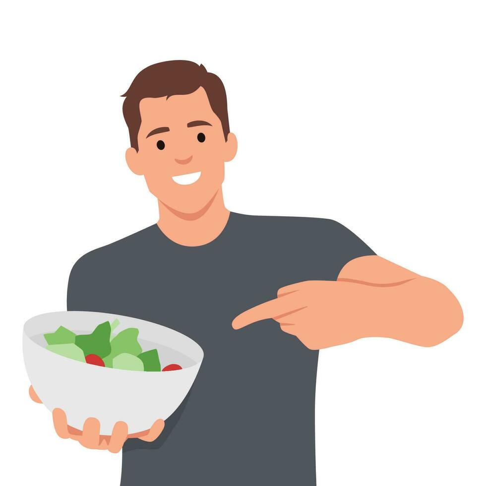 Vegetarian character. A man is holding a salad bowl and thumbs up. vector