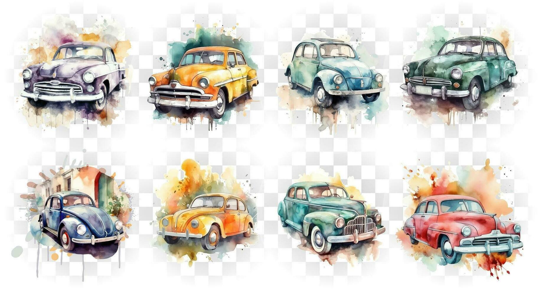 Set of retro cars in a watercolor style. Illustration on a transparent background. vector