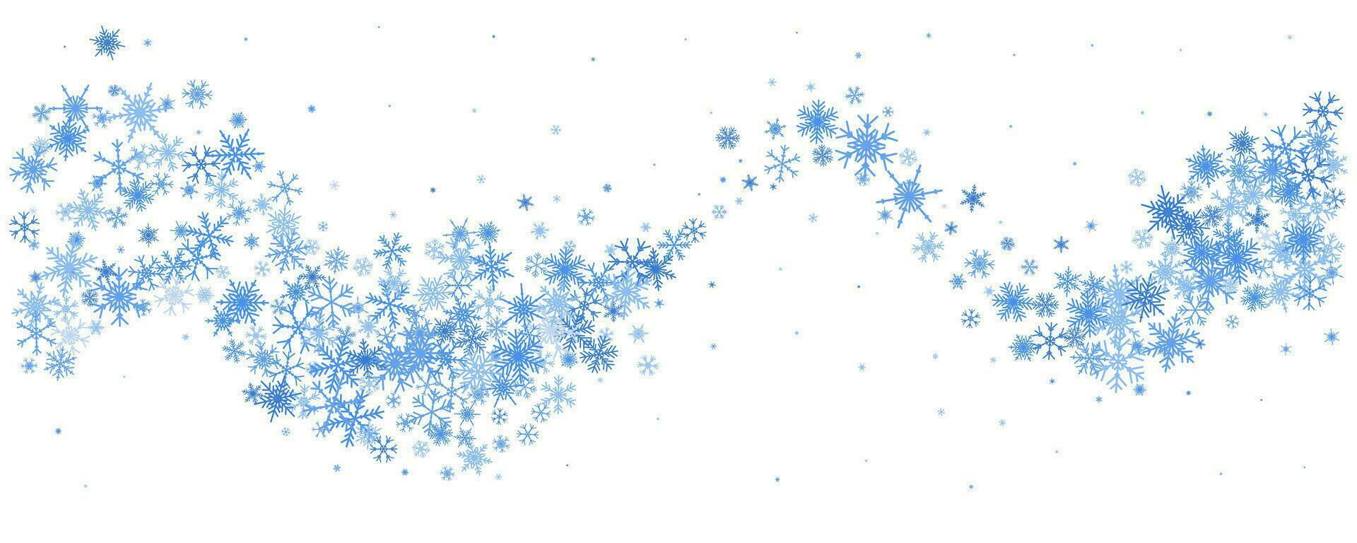 Snowflake wave winter background. Crystal stars Christmas decoration. Cold wind swirl snowstorm. Vector illustration