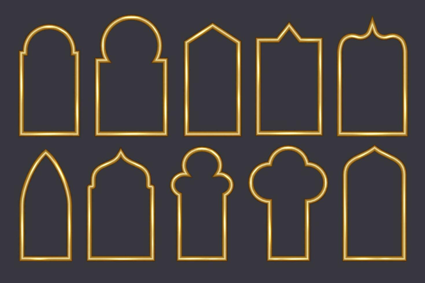 Ramadan window frame shapes. Islamic golden arches. Muslim mosque elements of architecture with ornament. Turkish gates and doors set. Vector