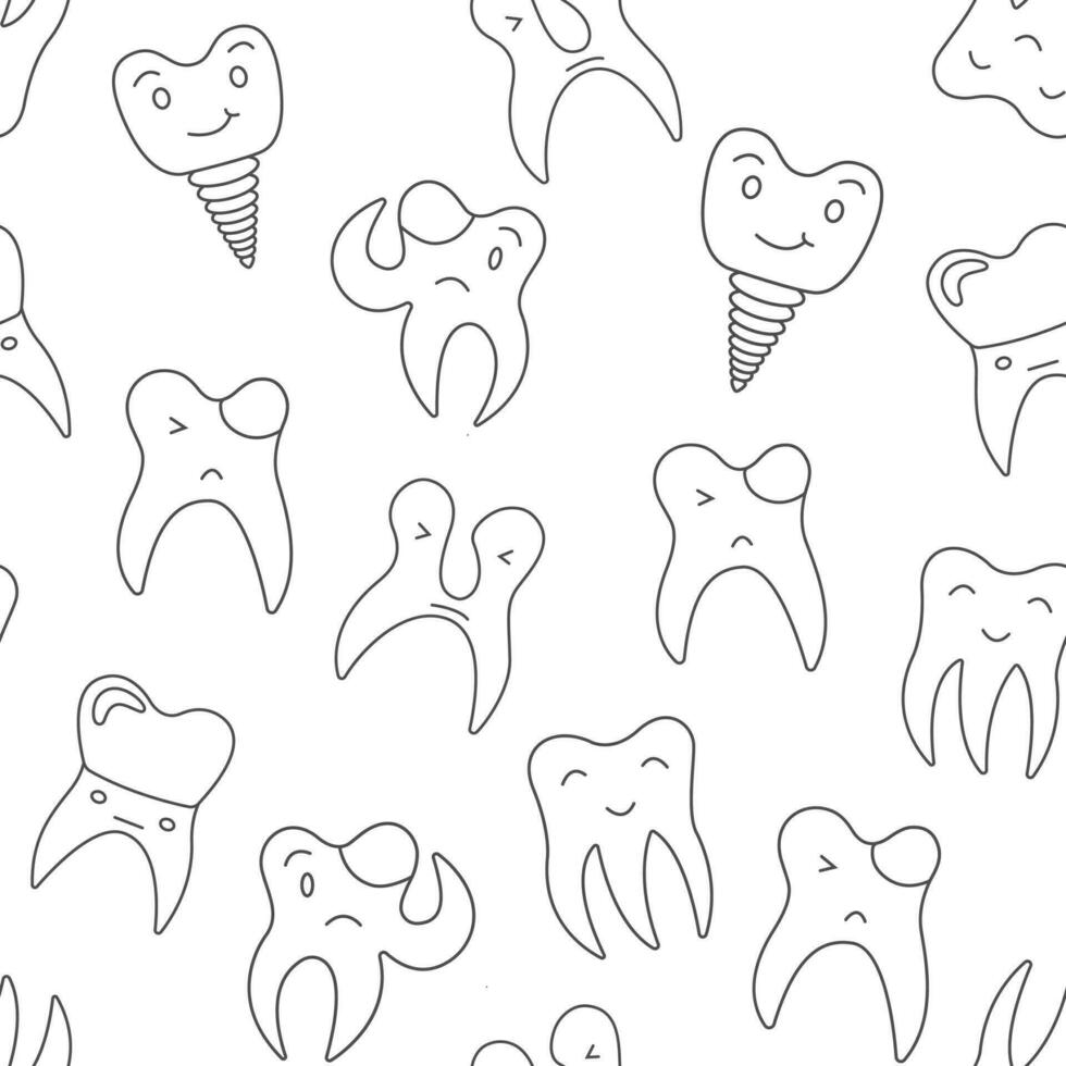 Oral hygiene concept. Seamless pattern with doodle cute happy teeth characters . Dental vector personages. Concept for child dentistry. Teeth cleaning and prevention. Dental care and treatment