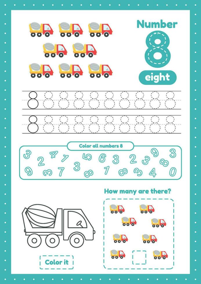 Learning numbers. Number 8. Trace, color, counting concrete mixers vector