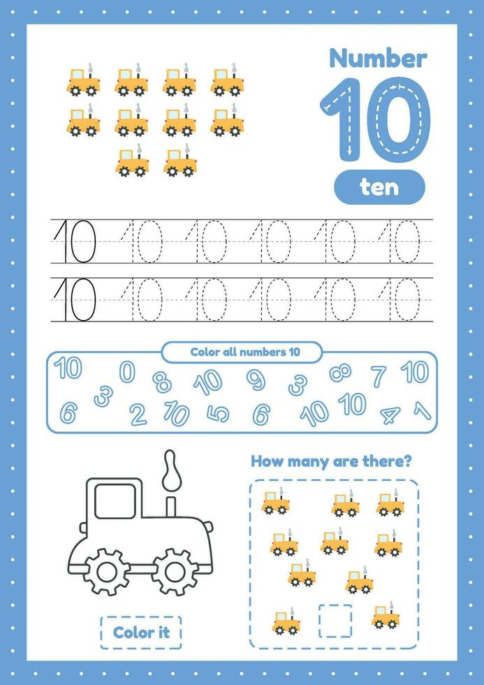 Learning numbers. Number 10. Trace, color, counting tractors vector